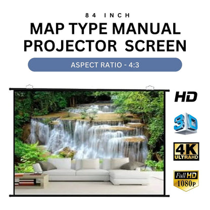 84 Inch (6ft x 4ft) Map Type manual Projector Screen 4:3 Aspect Ratio Imported high quality A++ Grade White Fabric UHD-3D-4K Ready Technology