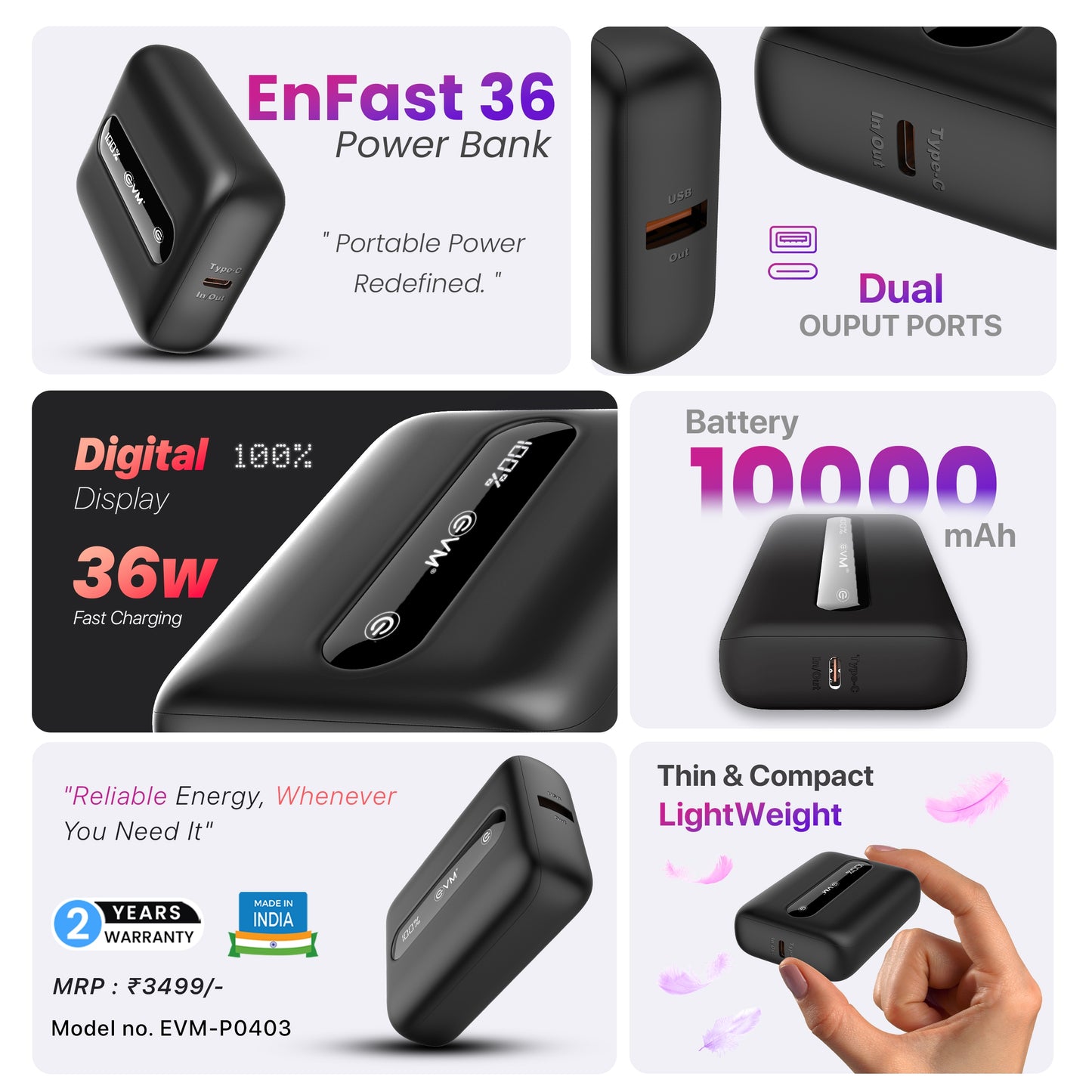 Evm Enfast 36W Super fast 10000 mAh Power bank